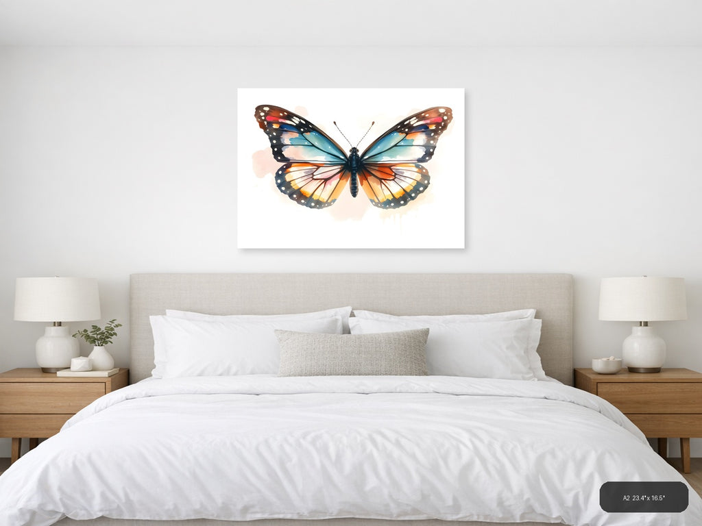 Watercolor Butterfly with Turquoise and Orange Wings Wall Art — A2 / Bedroom