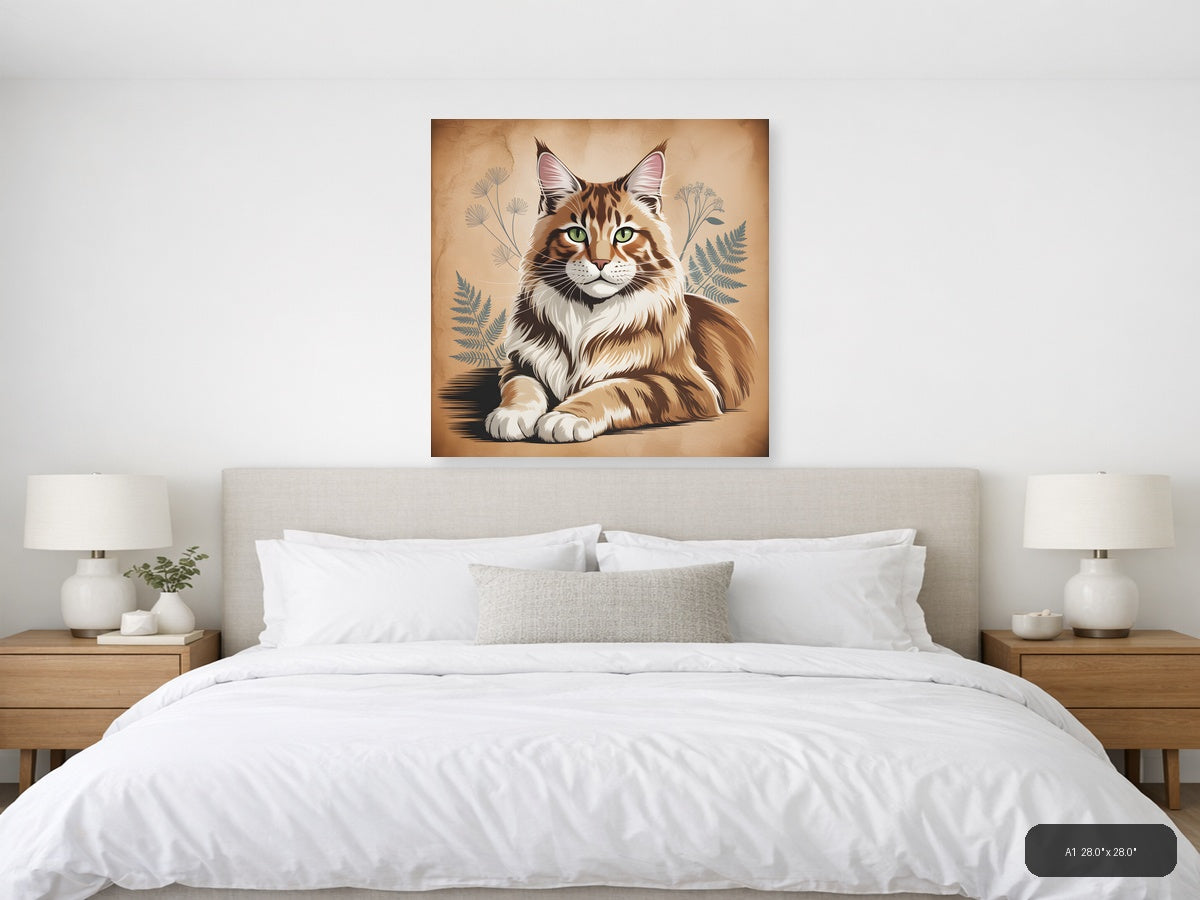 Maine Coon Cat with Botanical Plants Vintage Wall Art — A1 / Bedroom