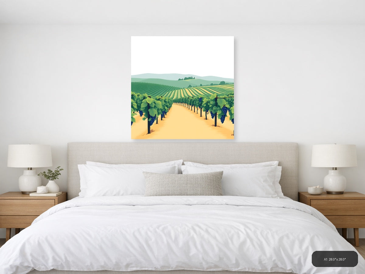 Minimalist Vineyard Landscape with Blue Grapes Wall Art — A1 / Bedroom