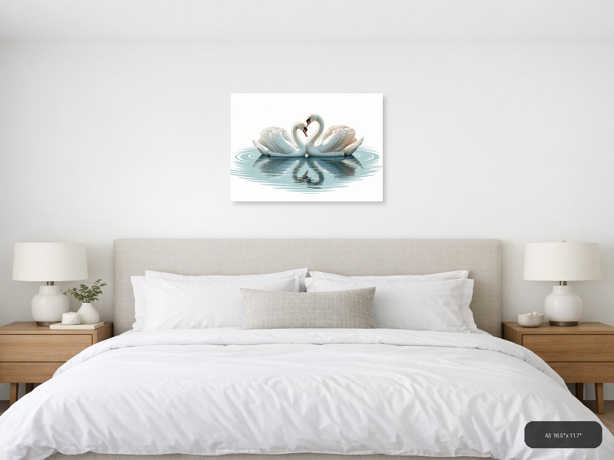 Two White Swans Forming Heart Minimalist Wall Art — A3 / Bedroom