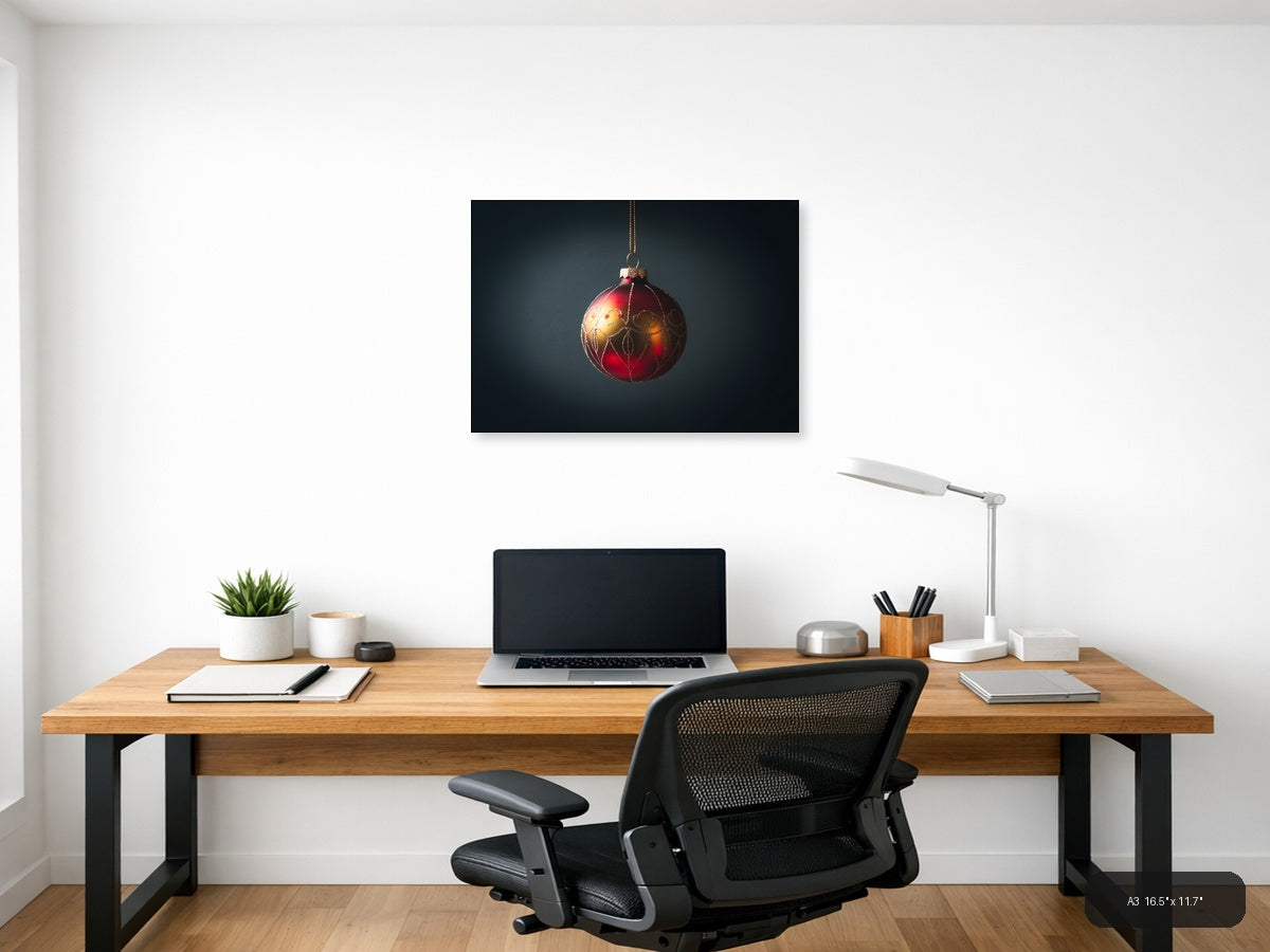 Red Gold Christmas Ornament Photography Wall Art — A3 / Office