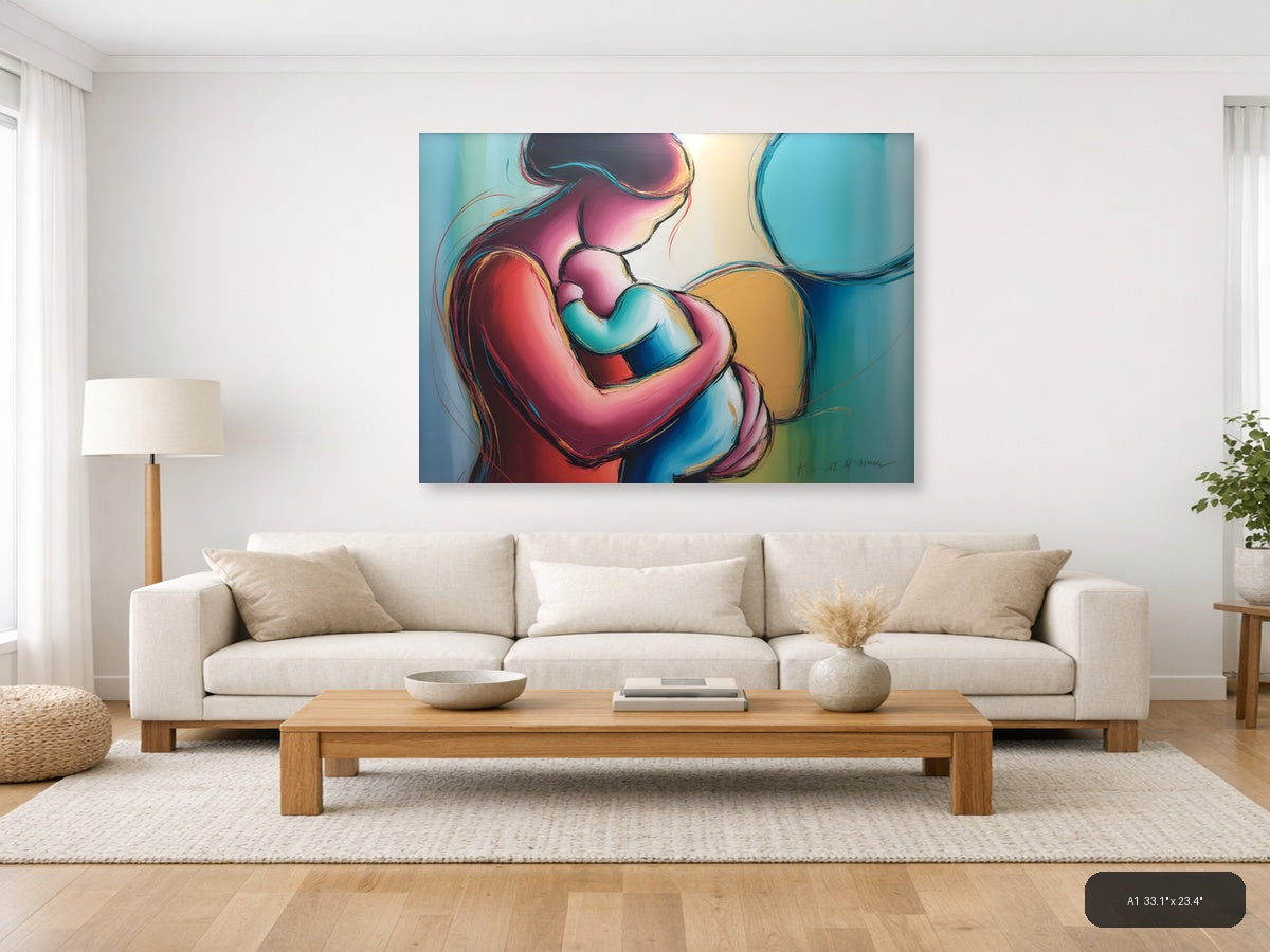 Colorful Abstract Mother and Child Embrace Wall Art — A1 / Living Room