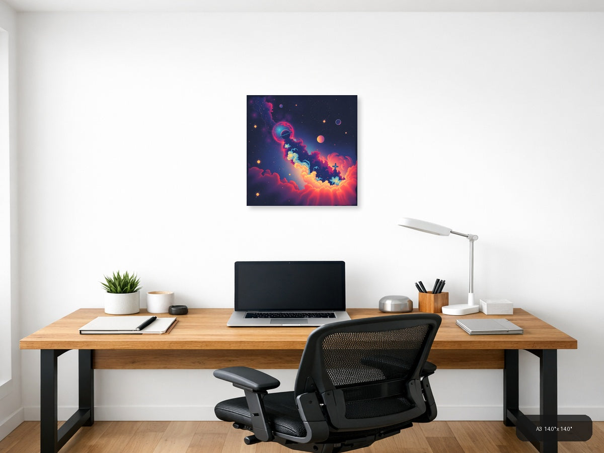 Vintage Cosmic Space Scene with Planet & Cross Wall Art — A3 / Office