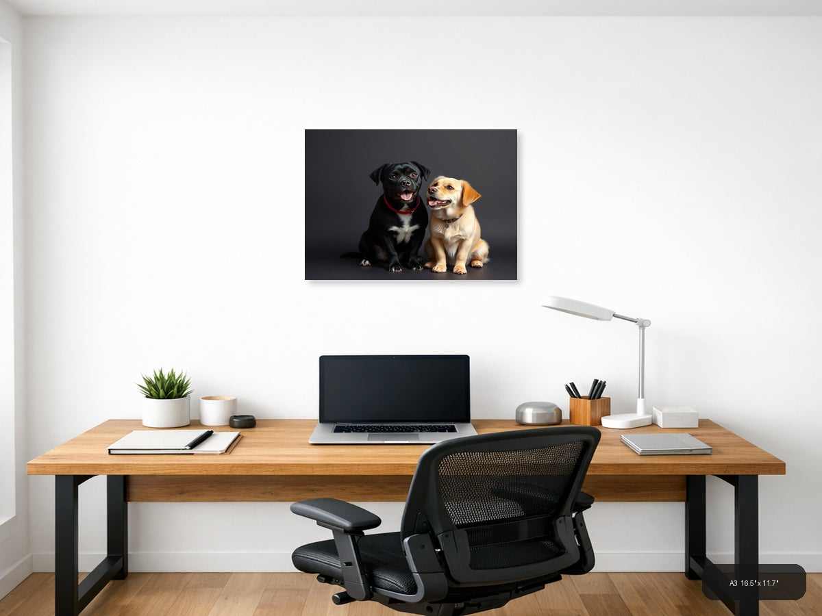 Two Happy Labradors Portrait on Gray | Minimalist Dog Wall Art — A3 (Office)