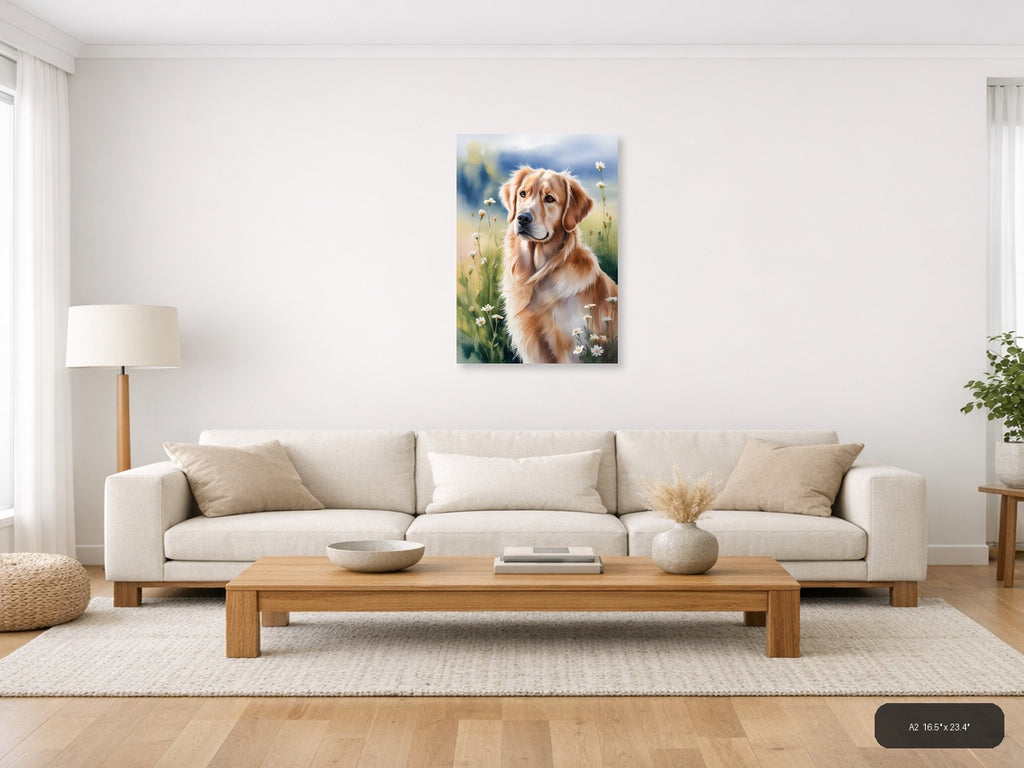Golden Retriever in Wildflower Meadow Watercolor Wall Art — A2 / Living Room