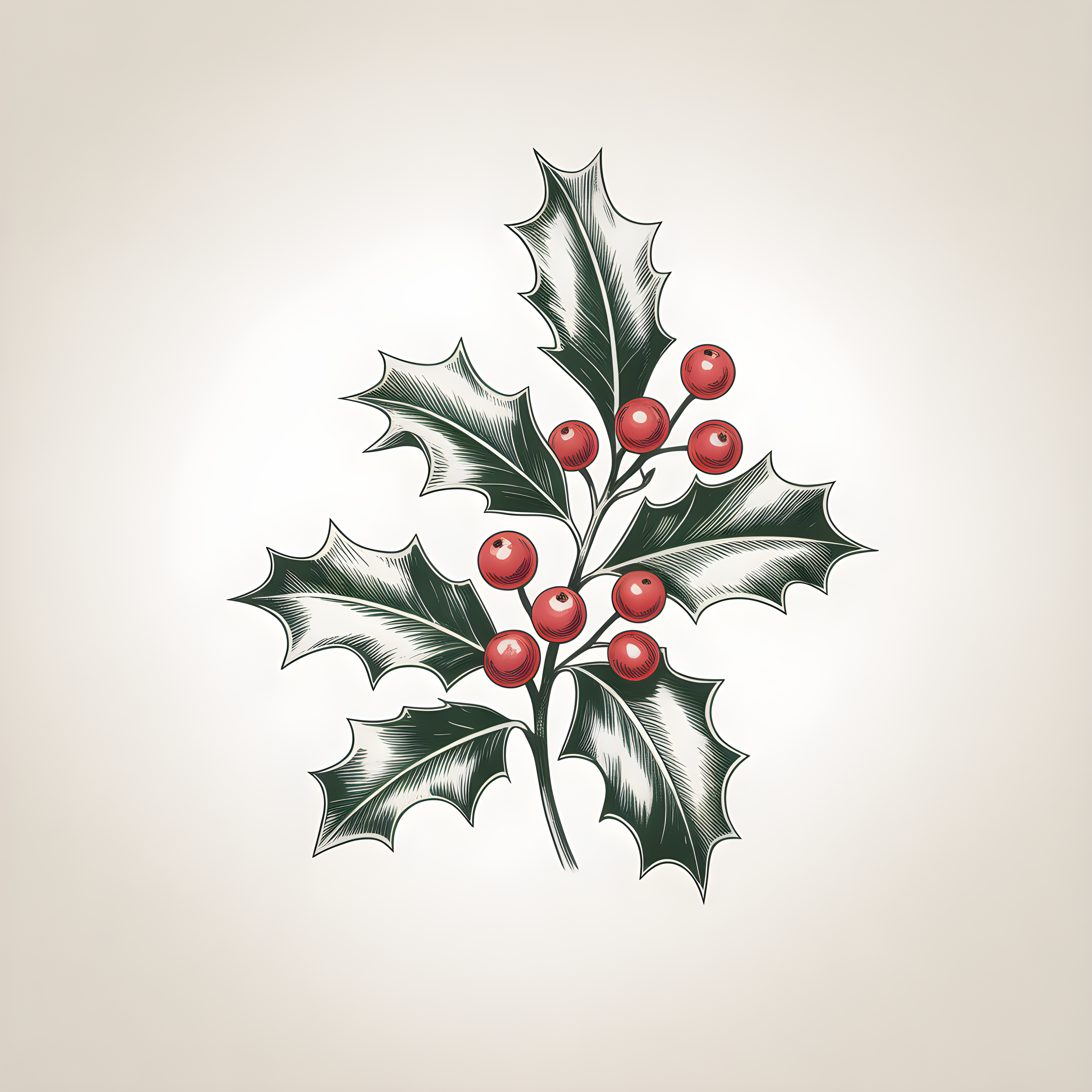 Holly Branch with Red Berries Line Art Wall Art