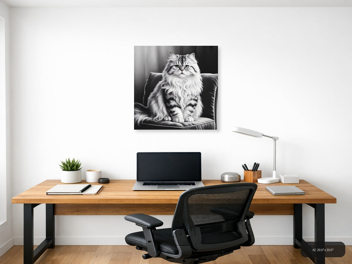 Majestic Fluffy Cat Portrait Black and White Wall Art — A2 / Office