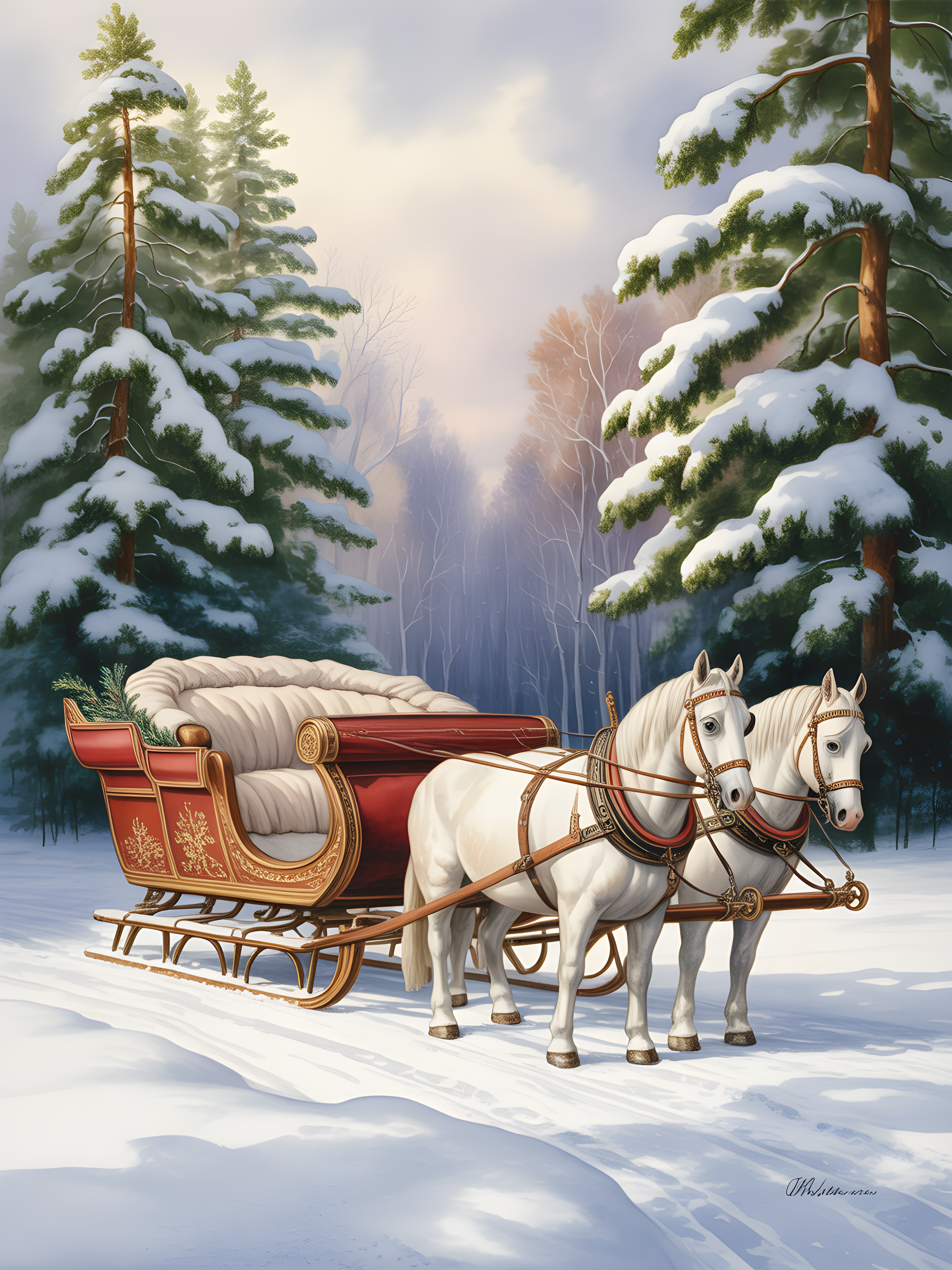 Winter Sleigh with White Horses Watercolor Wall Art