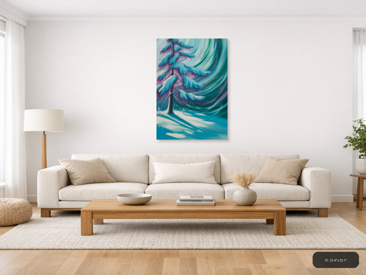 Abstract Winter Tree with Aurora Swirls Wall Art — A1 / Living Room