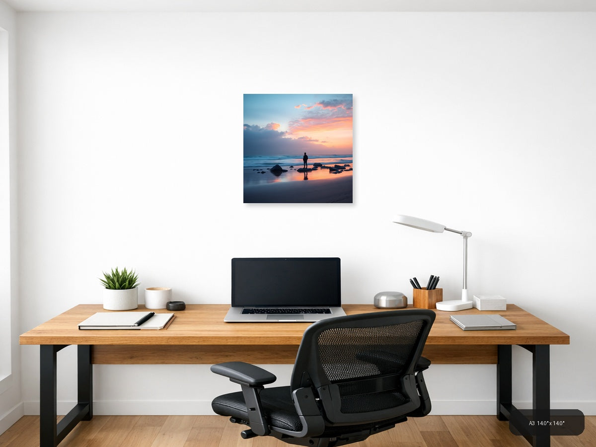 Minimalist Sunset Beach Silhouette Wall Art — A3 / Office