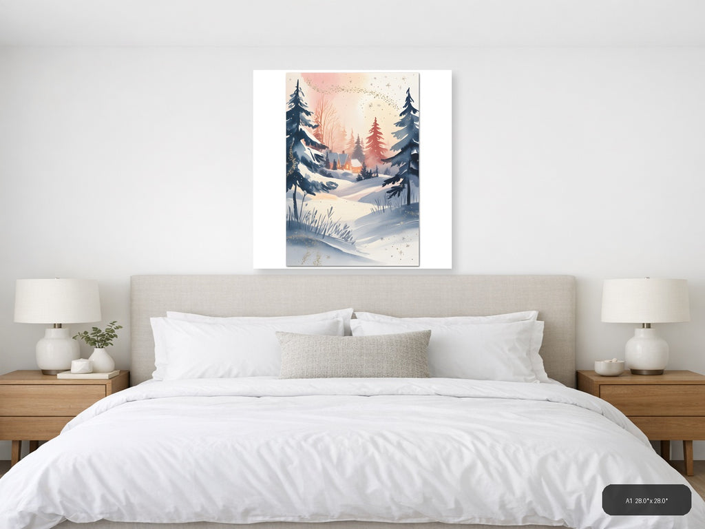 Winter Cabin Snow Forest Watercolor Wall Art — A1 / Bedroom
