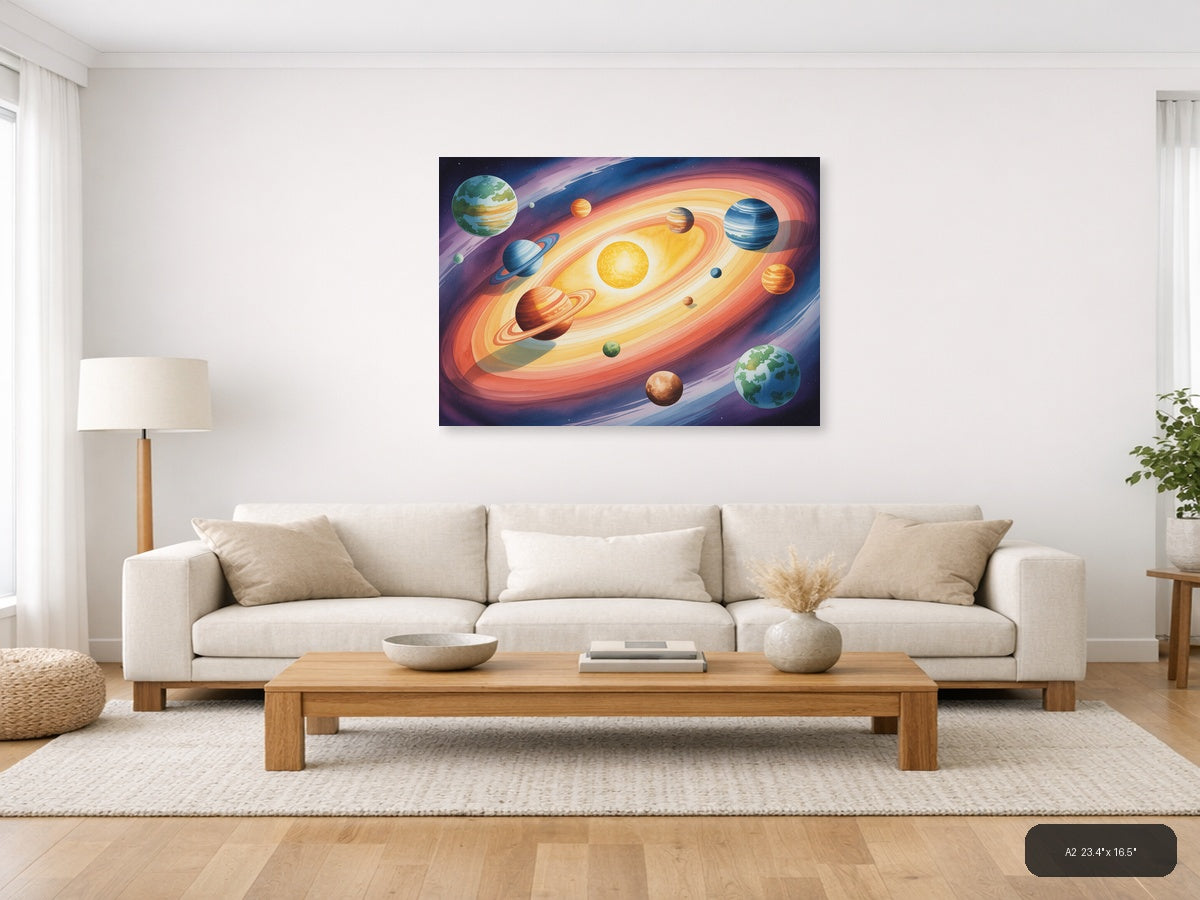 Solar System Planets Watercolor Landscape Wall Art — A2 / Living Room