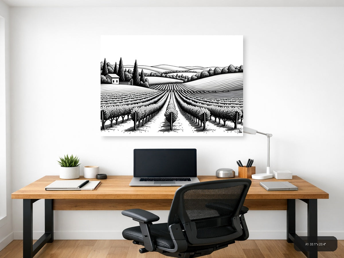 Tuscan Vineyard Landscape Line Art Wall Art — A1 / Office