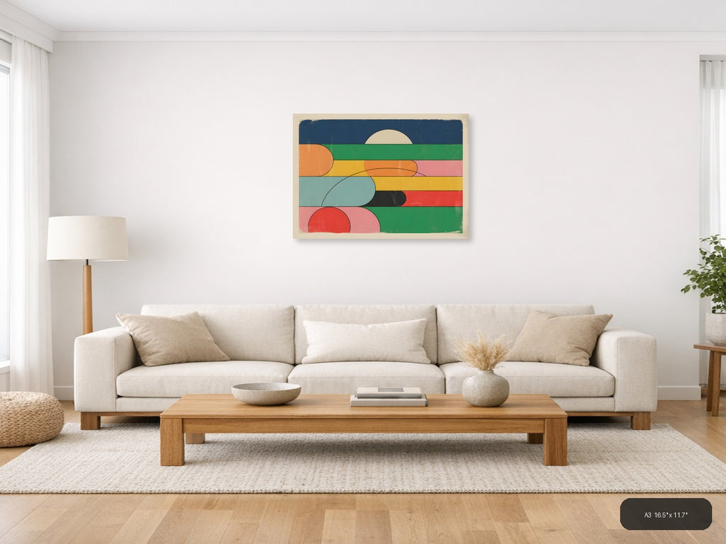 Vintage Retro Geometric Landscape with Layered Circles Wall Art — A3 / Living Room