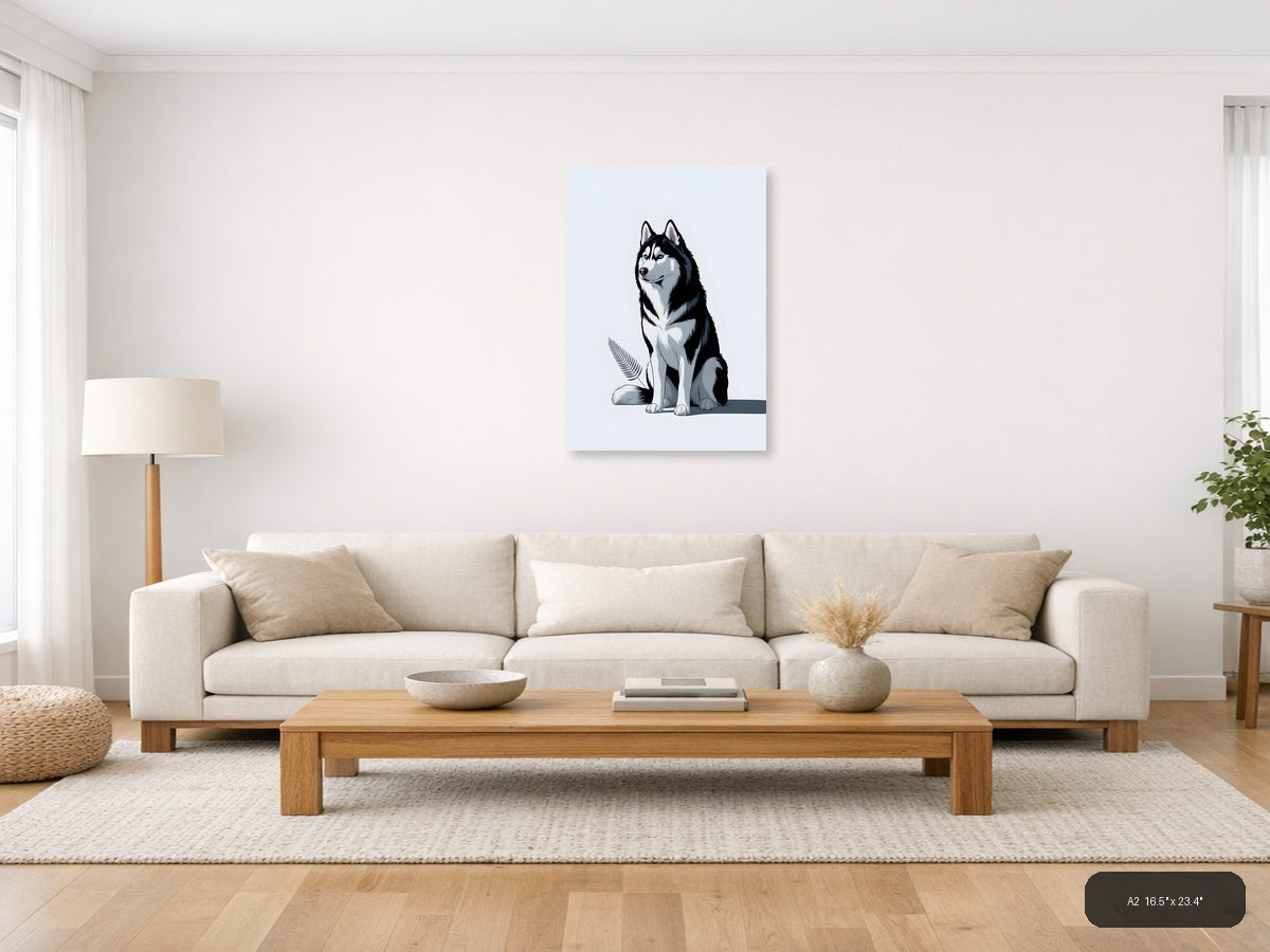 Minimalist Husky Portrait Black White Wall Art — A2 / Living Room