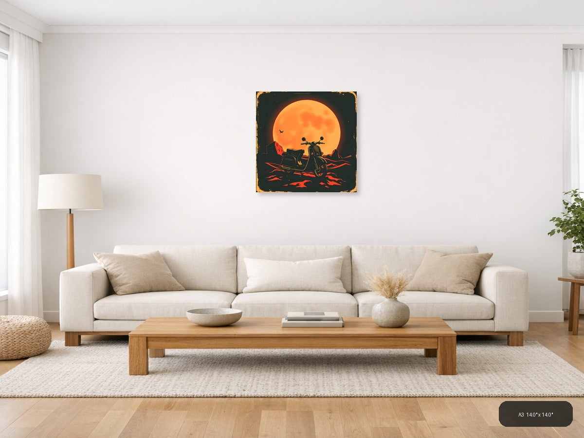 Vintage Motorcycle Sidecar Moon Silhouette Wall Art — A3 / Living Room