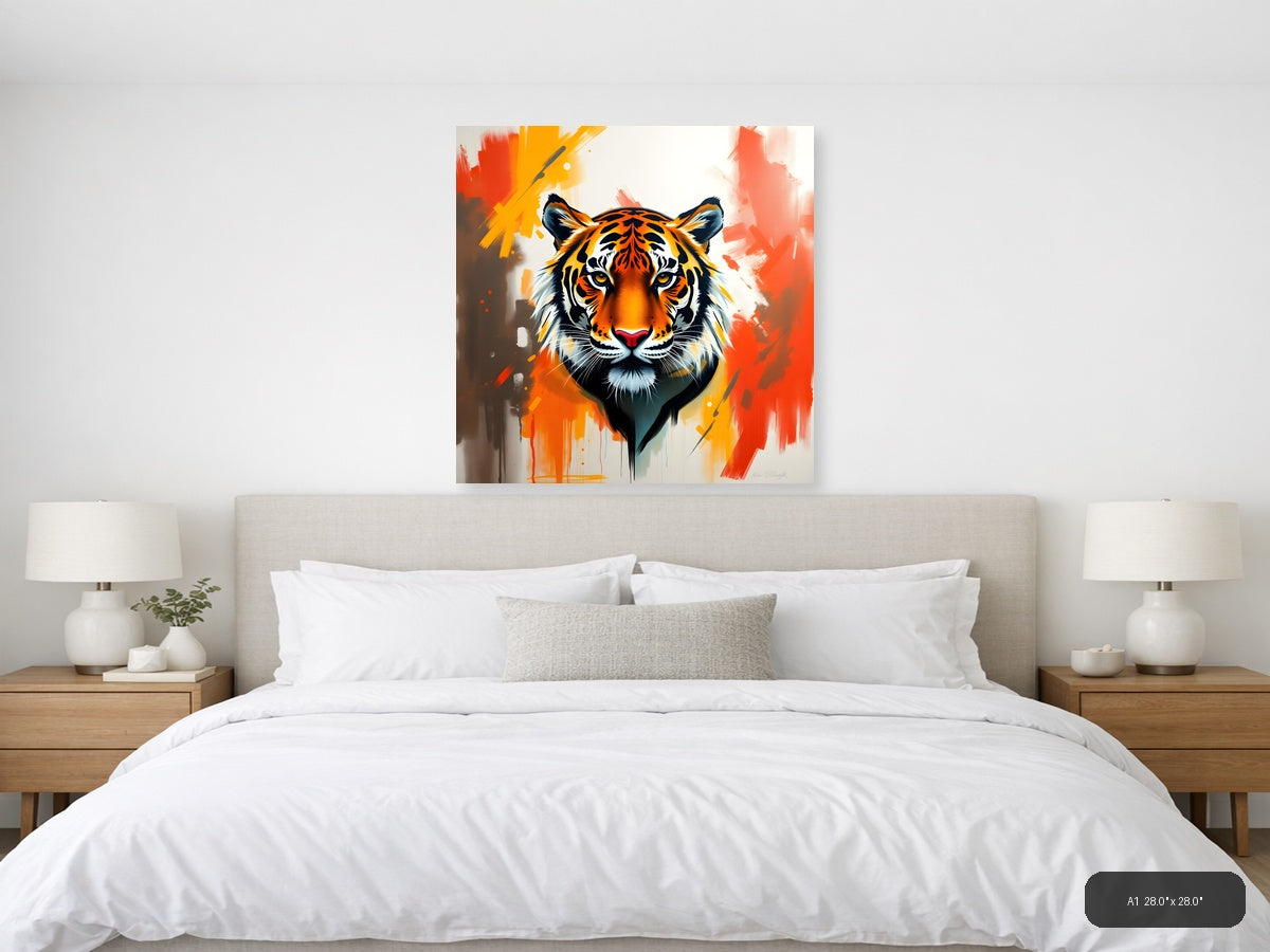 Abstract Tiger Head Orange Splash Modern Wall Art — A1 / Bedroom