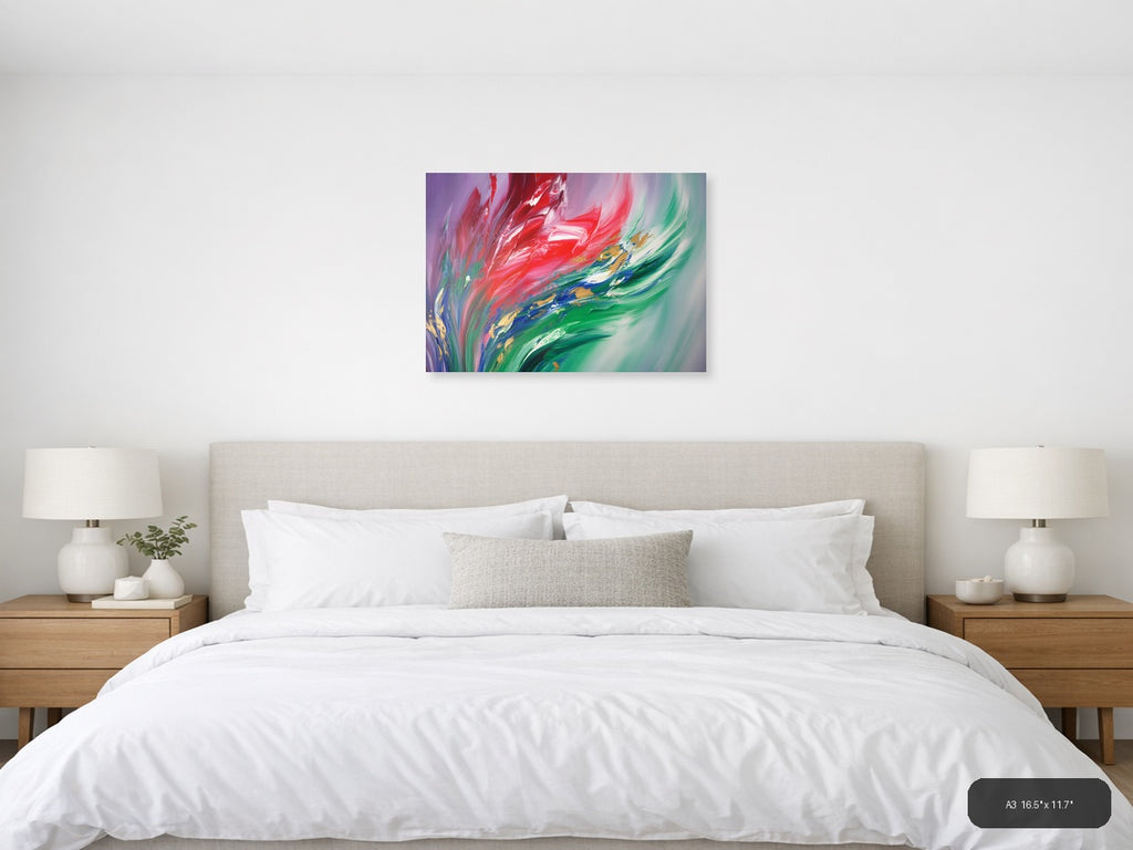 Red & Green Flowing Abstract Brushstroke Modern Wall Art — A3 / Bedroom