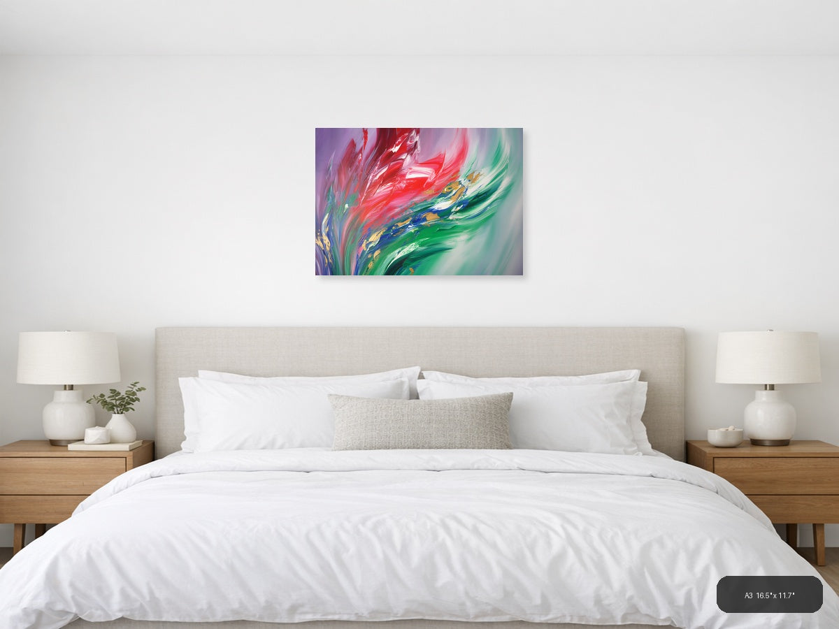 Red & Green Flowing Abstract Brushstroke Modern Wall Art — A3 / Bedroom