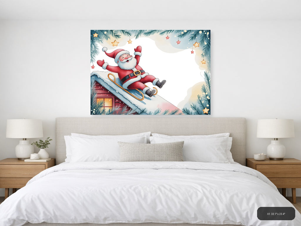 Santa Sledding Watercolor Christmas Wall Art — A1 / Bedroom