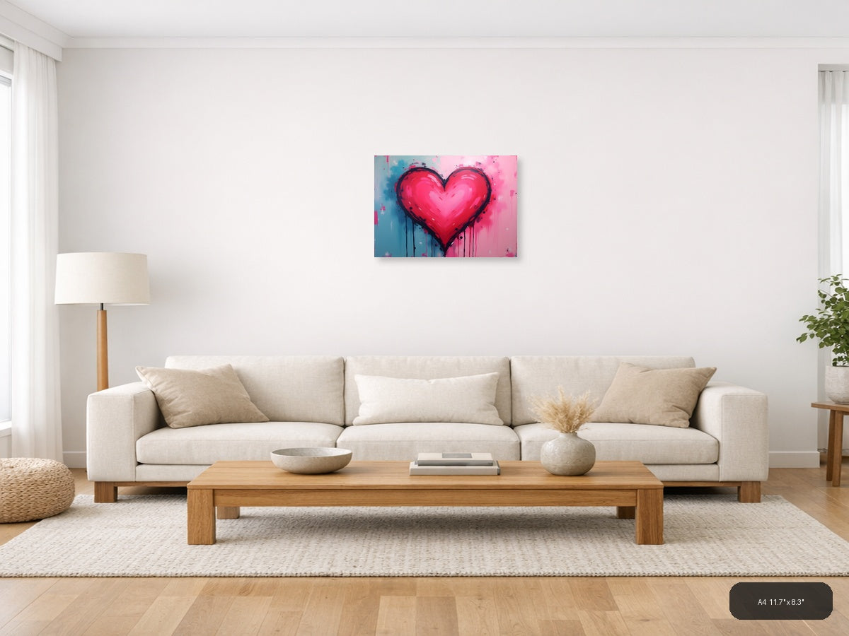 Bold Pink Heart Abstract Drip Modern Wall Art — A4 / Living Room