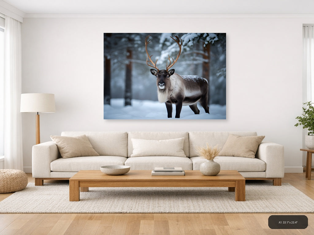 Majestic Reindeer in Snowy Forest Photography Wall Art — A1 / Living Room