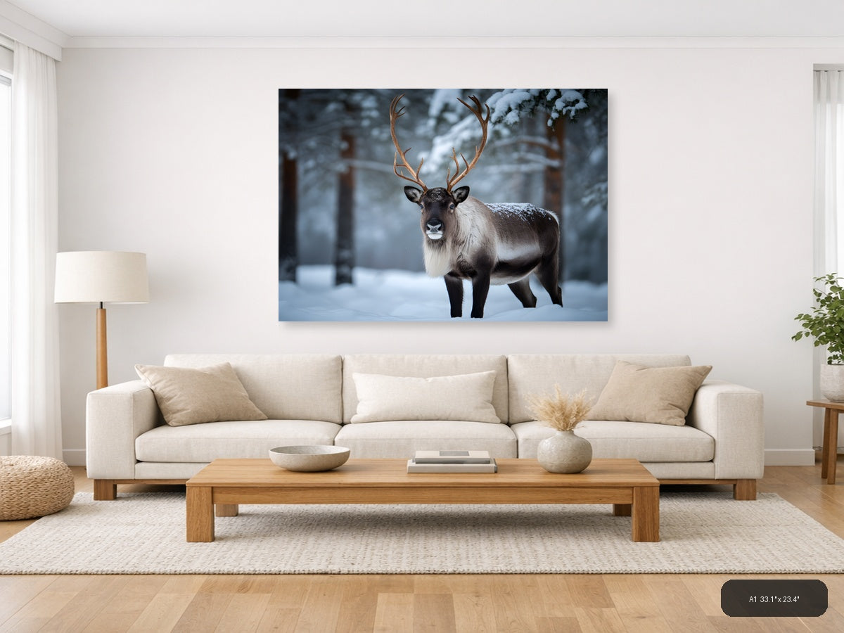 Majestic Reindeer in Snowy Forest Photography Wall Art — A1 / Living Room
