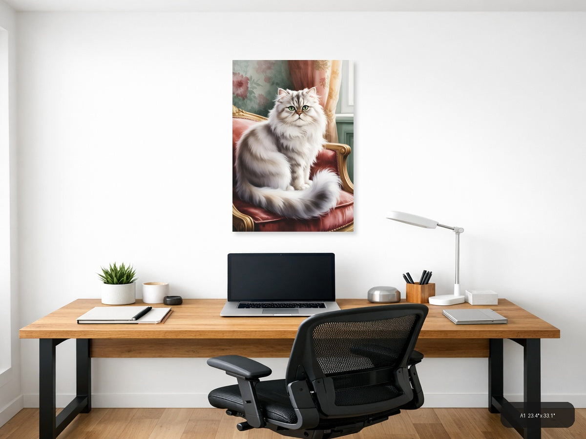 Fluffy White Cat Portrait Watercolor Wall Art — A1 / Office