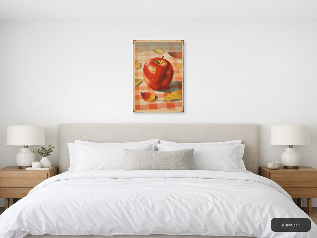 Red Apple with Autumn Leaves Vintage Checkered Wall Art — A2 / Bedroom