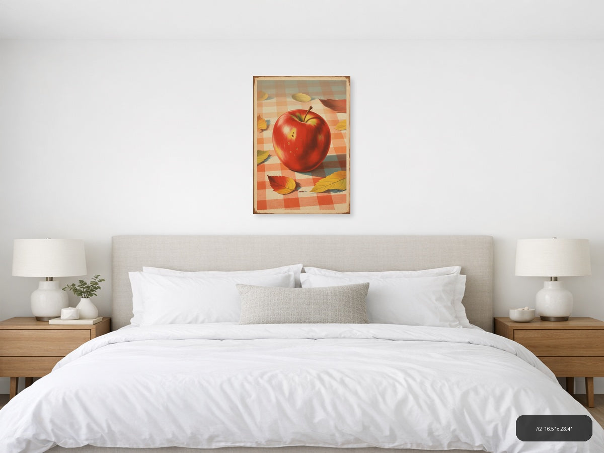 Red Apple with Autumn Leaves Vintage Checkered Wall Art — A2 / Bedroom