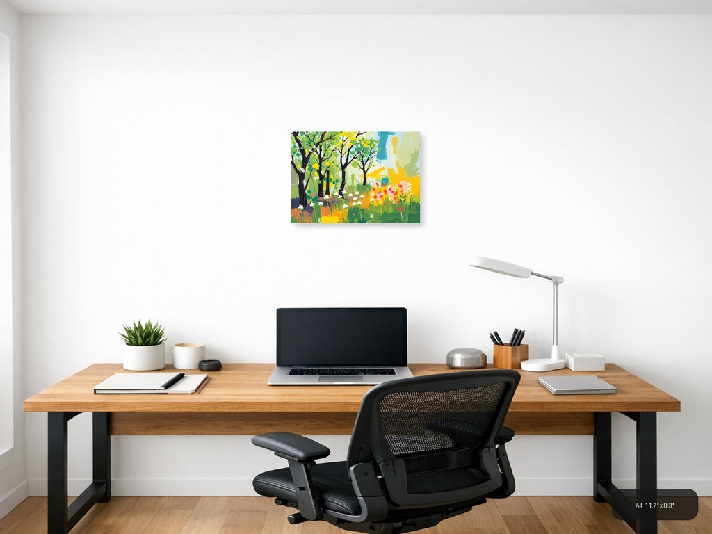 Spring Garden with Black Trees Abstract Wall Art — A4 / Office