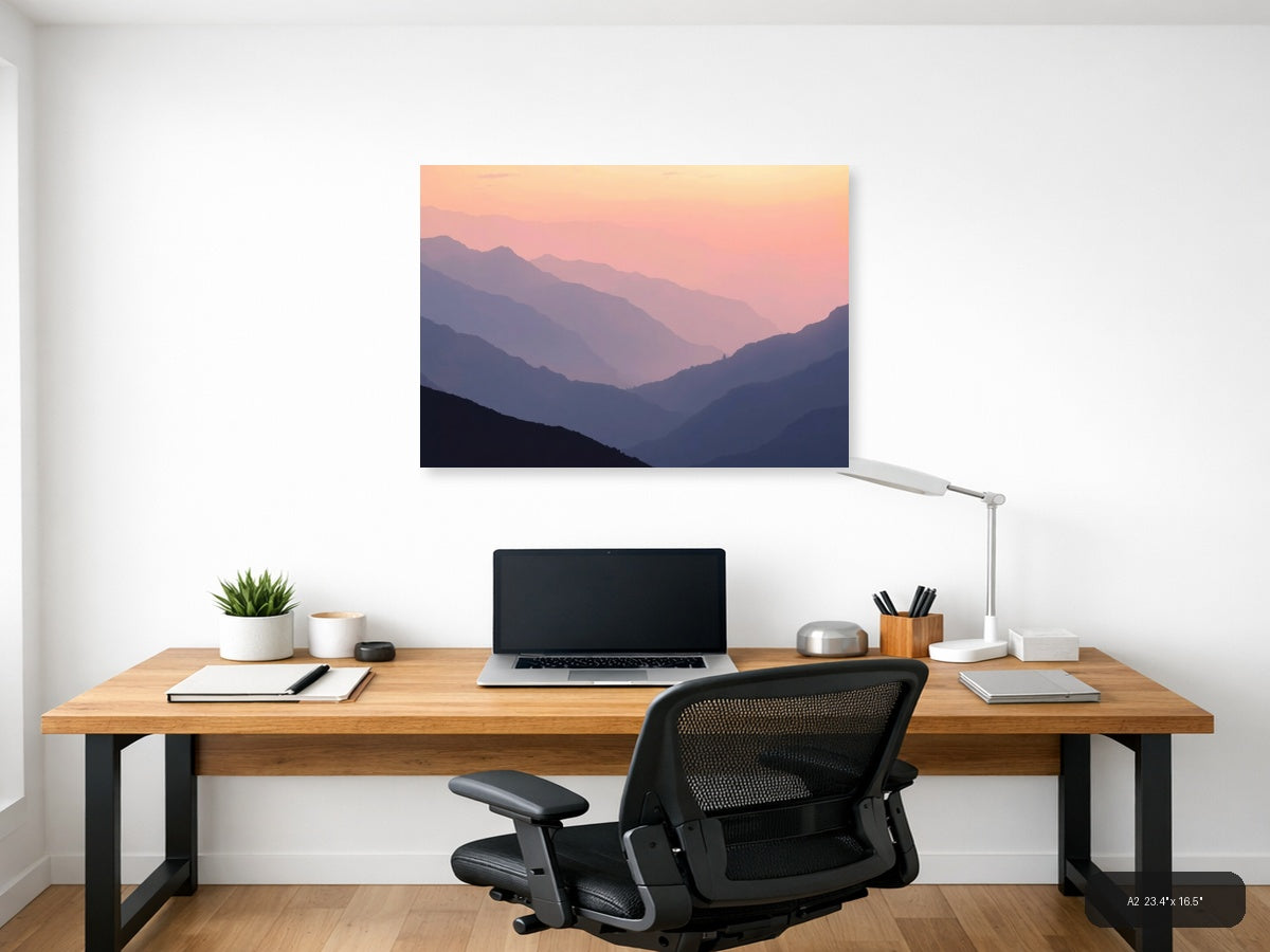 Minimalist Mountain Valley Sunset Pink Sky Wall Art — A2 / Office