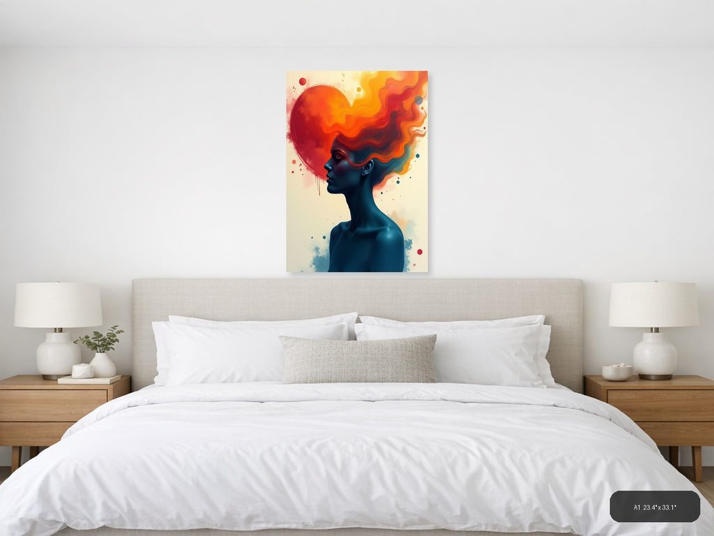 Abstract Silhouette with Flowing Fire Hair Wall Art — A1 / Bedroom