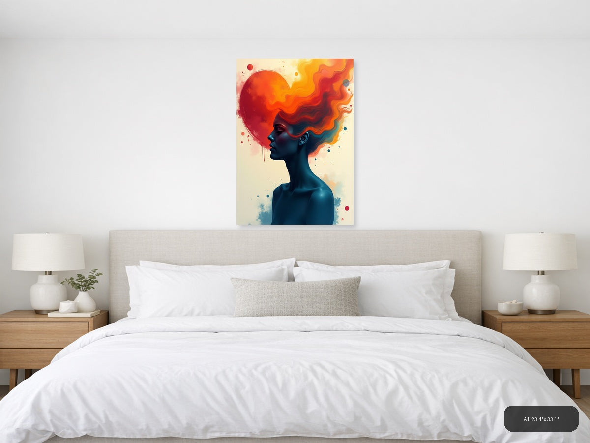 Abstract Silhouette with Flowing Fire Hair Wall Art — A1 / Bedroom