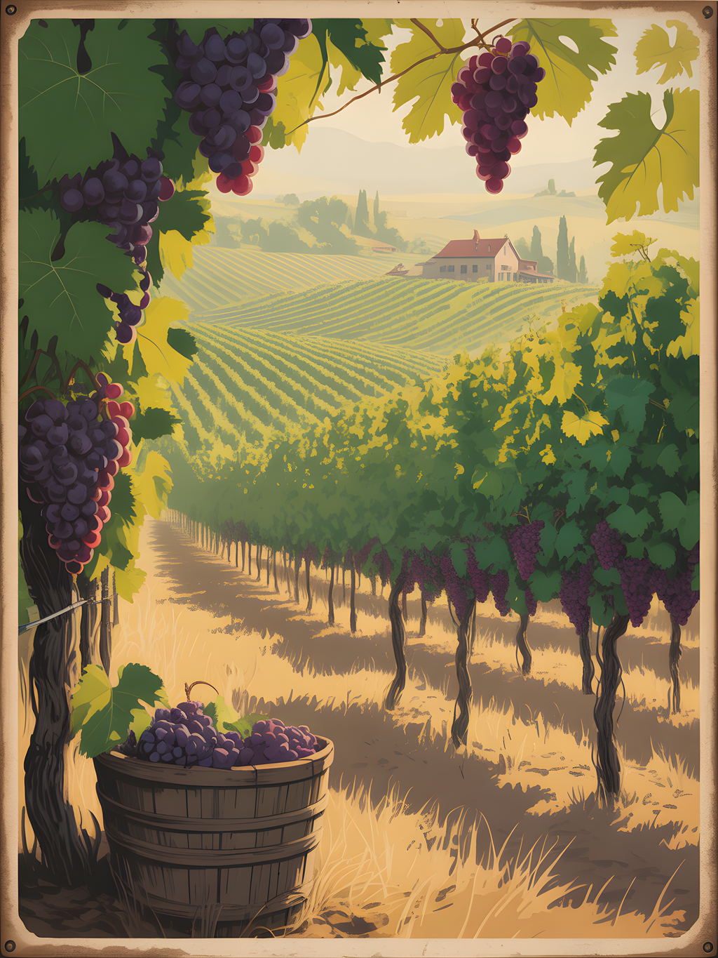 Vintage Tuscan Vineyard Landscape with Grapes Wall Art