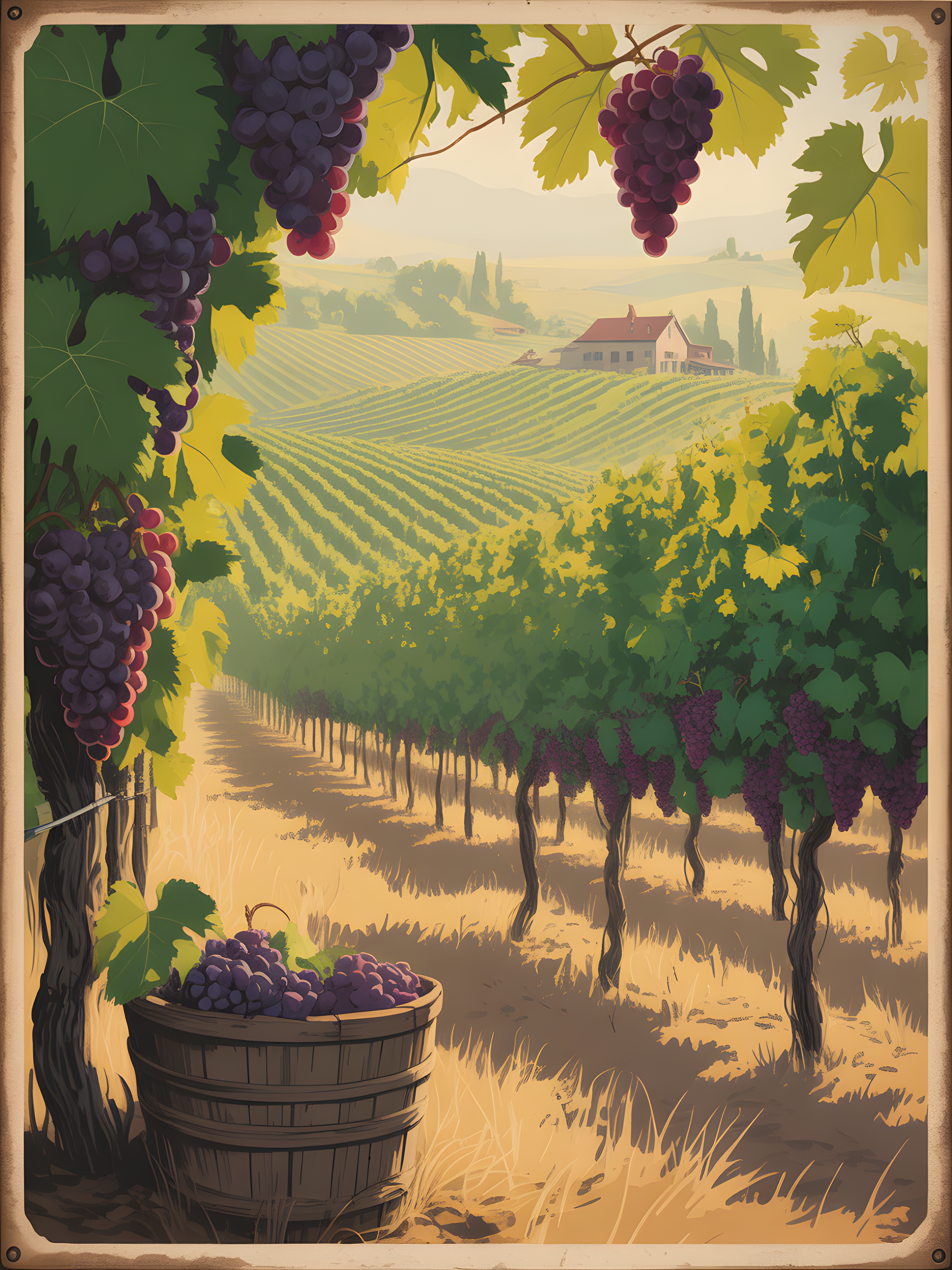 Vintage Tuscan Vineyard Landscape with Grapes Wall Art
