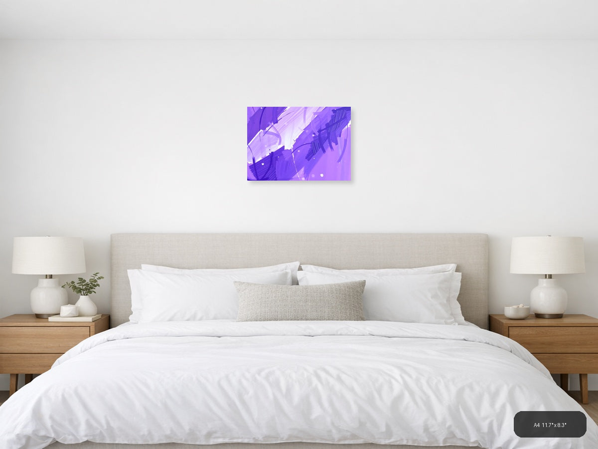 Purple Abstract Brushstrokes & Light Rays Wall Art — A4 / Bedroom