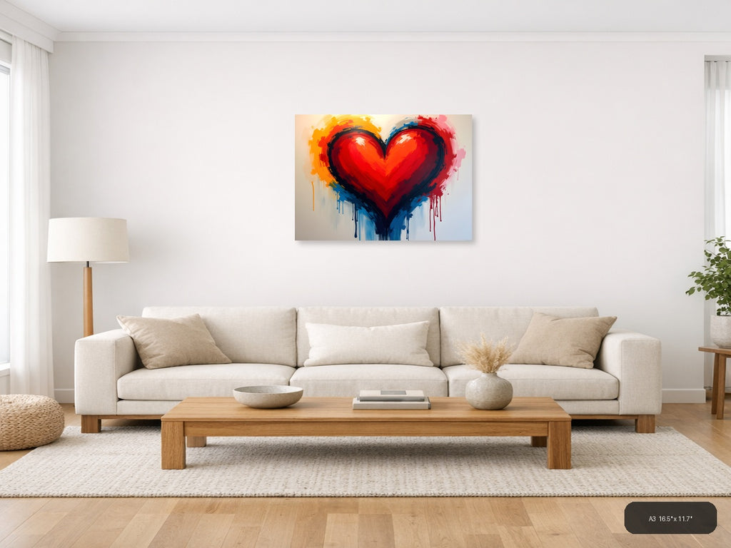 Abstract Red Heart with Colorful Drip Abstract Wall Art — A3 / Living Room
