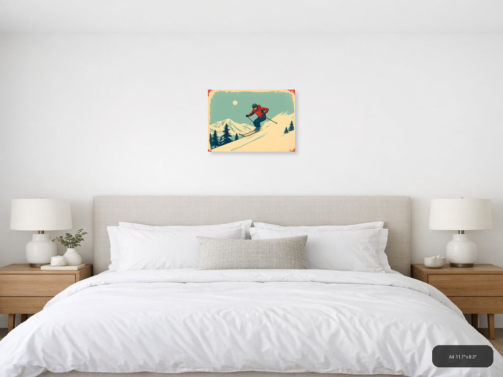 Vintage Skier on Mountain Slope Wall Art — A4 / Bedroom