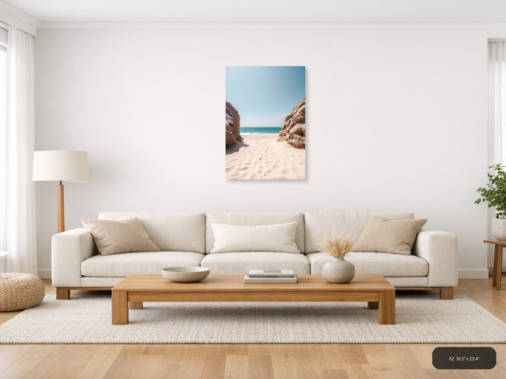 Minimalist Beach Cove Between Rock Formations Wall Art — A2 / Living Room
