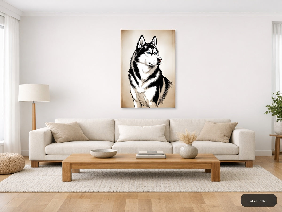 Siberian Husky Portrait Line Art Black & White Wall Art — A1 / Living Room