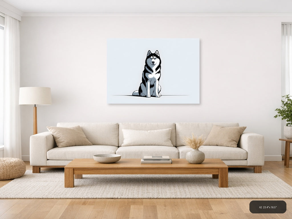 Siberian Husky Portrait - Minimalist Black & White Wall Art — A2 / Living Room