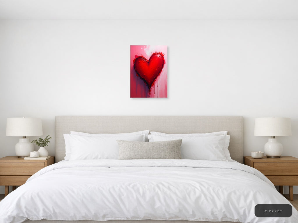 Abstract Red Heart with Dripping Paint Wall Art — A3 / Bedroom