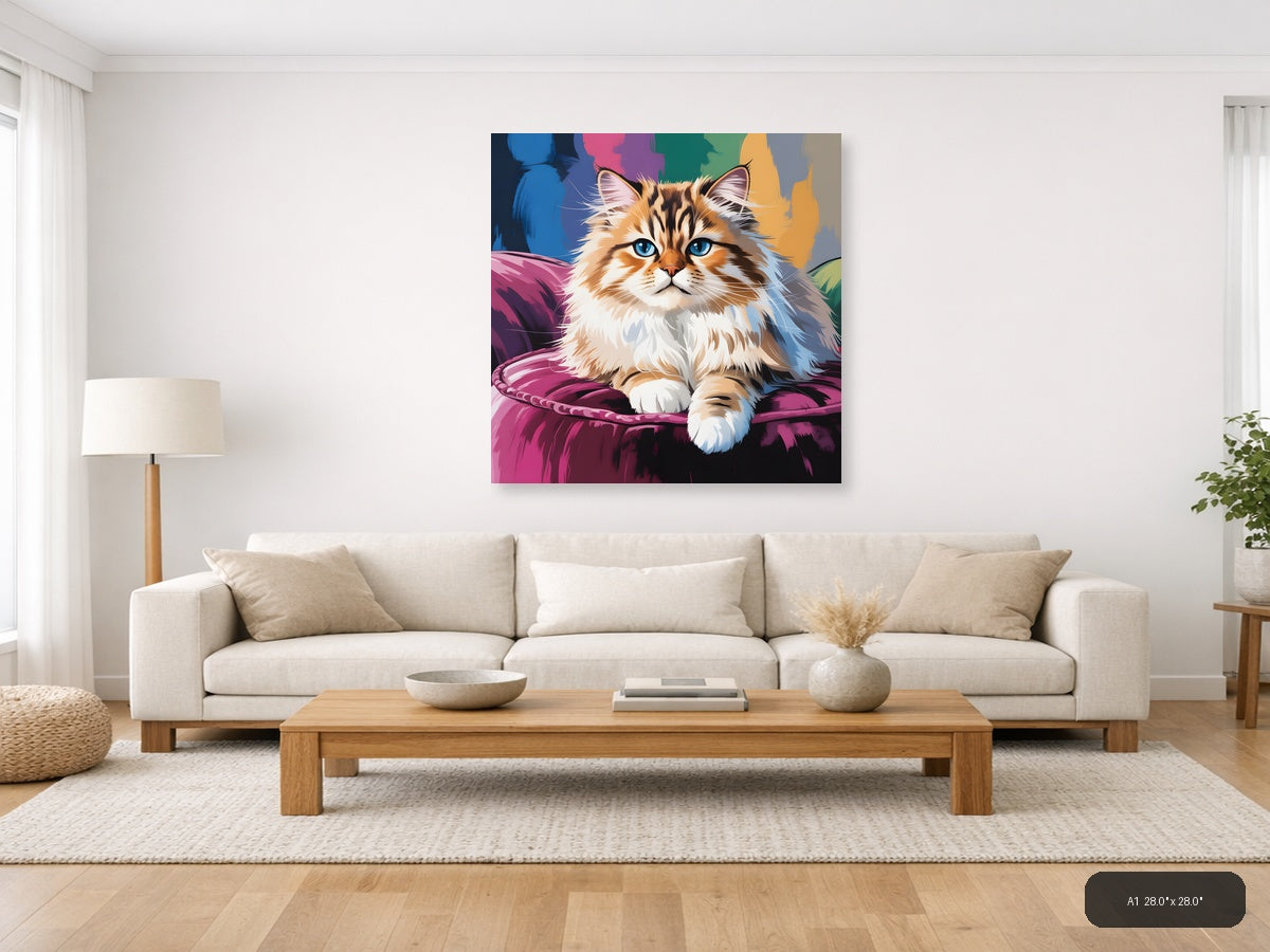 Fluffy Cat with Blue Eyes Abstract Colorful Wall Art — A1 / Living Room