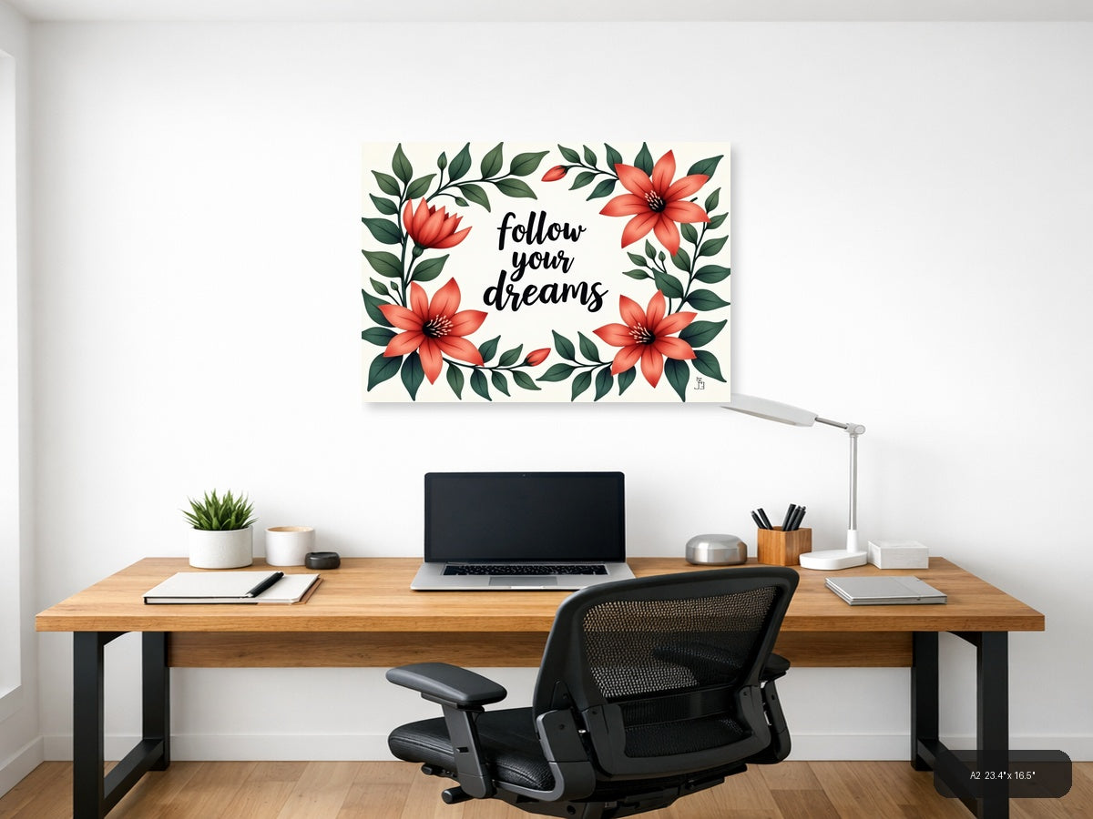Follow Your Dreams Floral Botanical Red Flowers Wall Art — A2 / Office