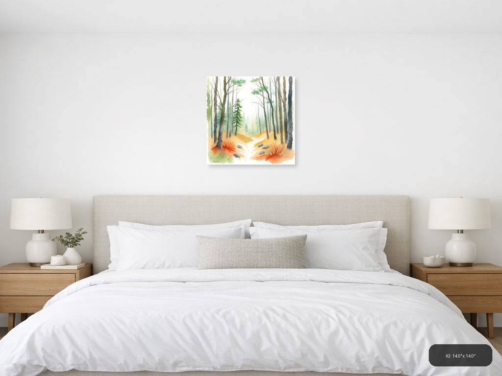 Misty Forest Stream Watercolor Wall Art — A3 / Bedroom