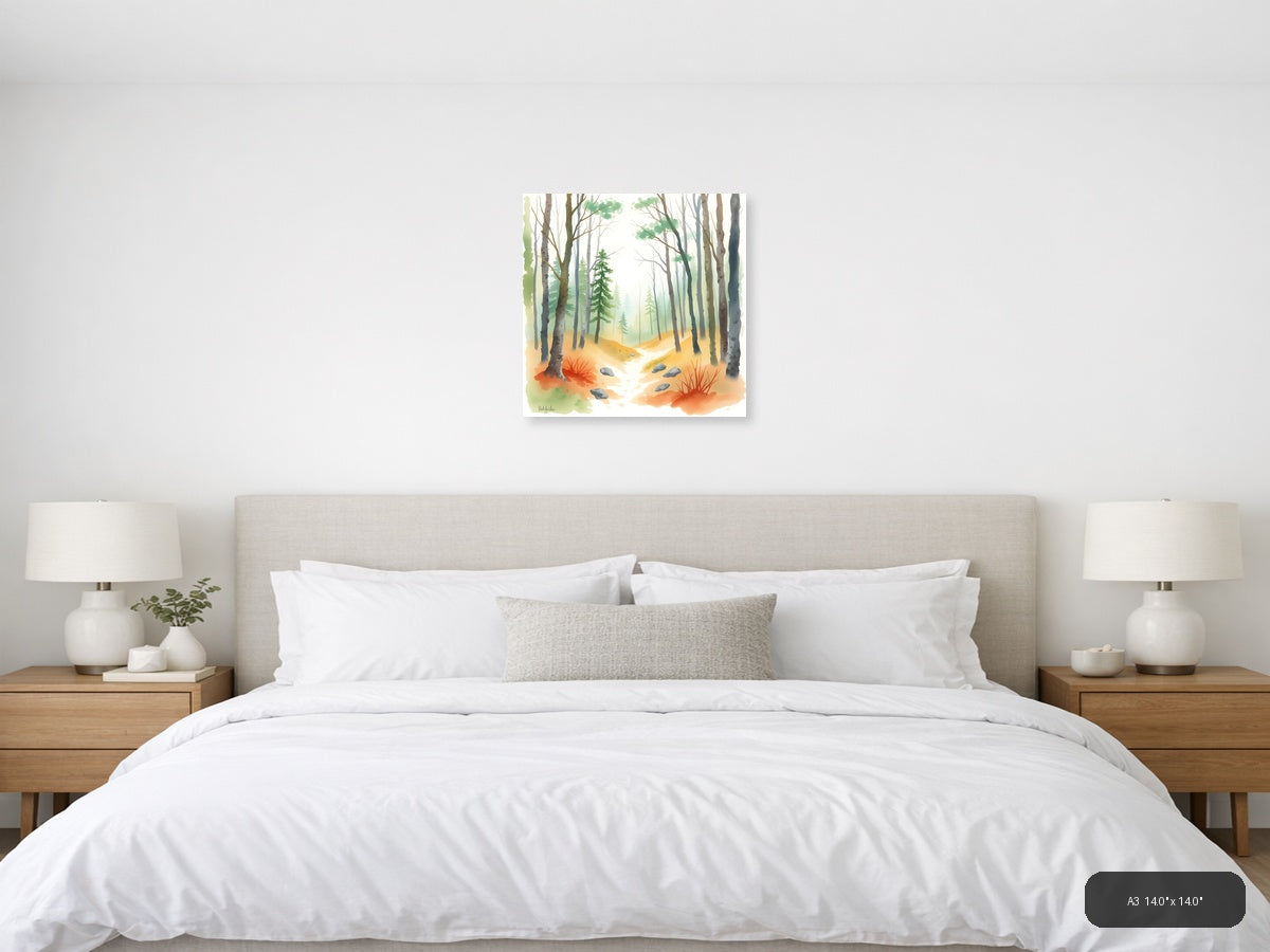 Misty Forest Stream Watercolor Wall Art — A3 / Bedroom
