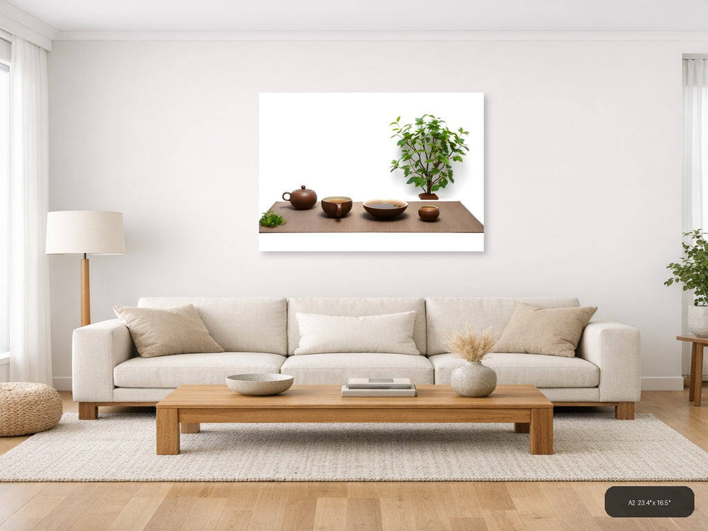 Minimalist Tea Ceremony Setup with Green Plant Wall Art — A2 / Living Room