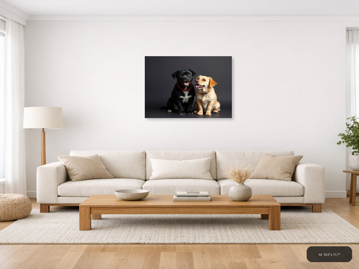 Two Happy Labradors Portrait on Gray | Minimalist Dog Wall Art — A3 (Living Room)