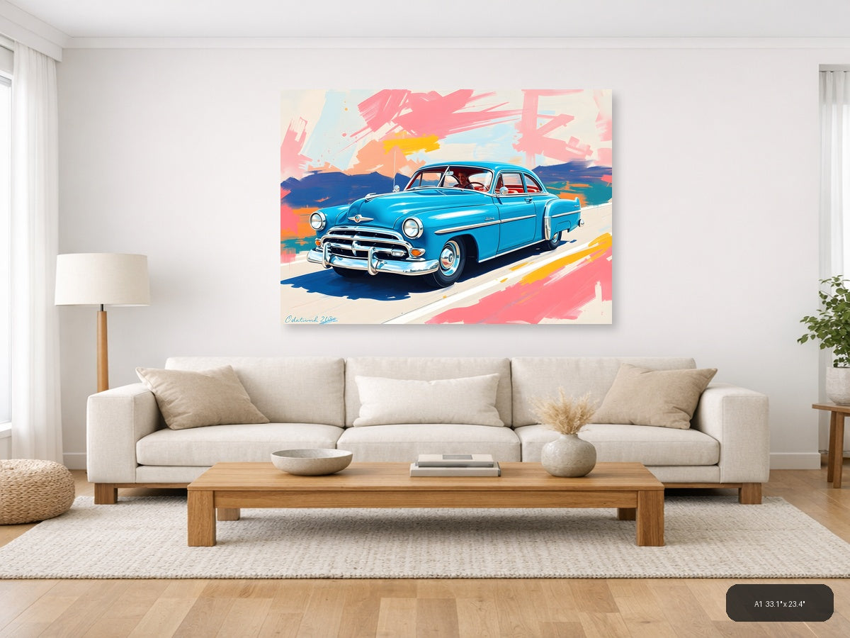 Blue Vintage Car Abstract Brushstrokes Wall Art — A1 / Living Room